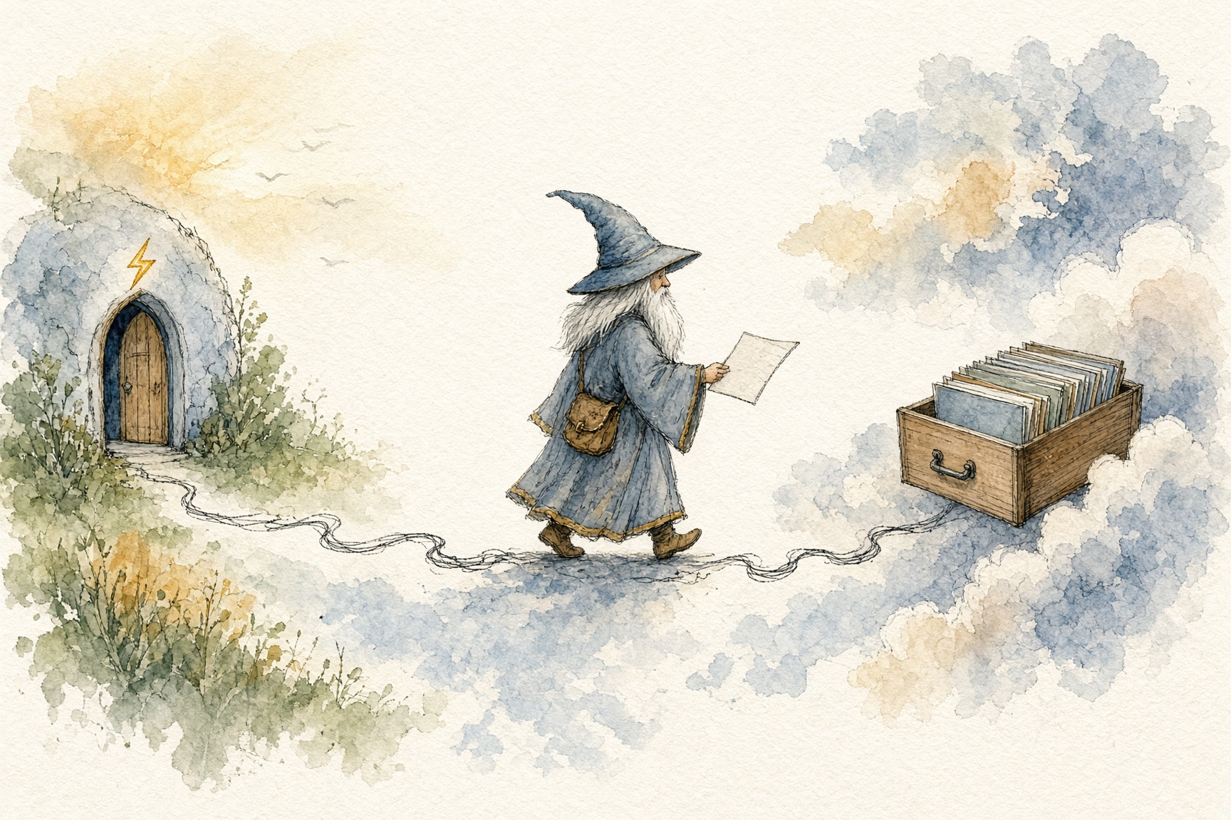 Merlin va chercher un document et le range dans un tiroir de dossiers