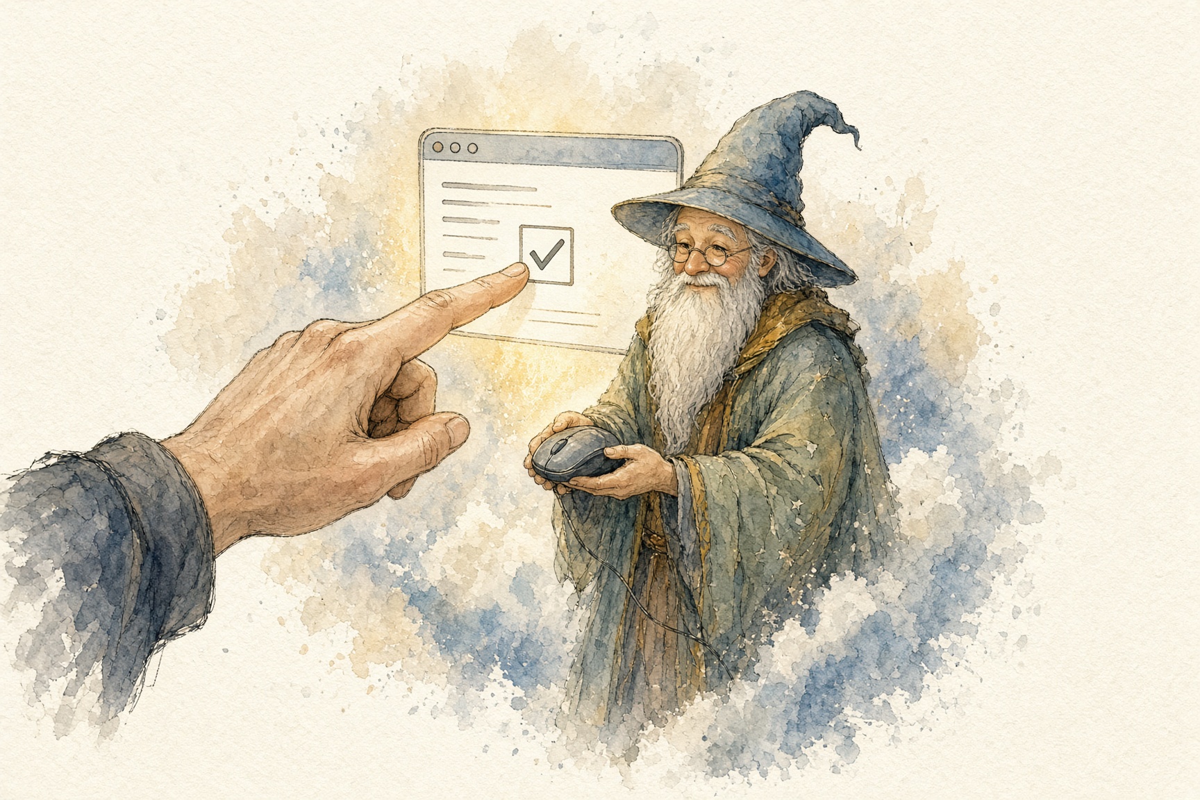 Merlin tend la souris à une main humaine pour cocher un captcha
