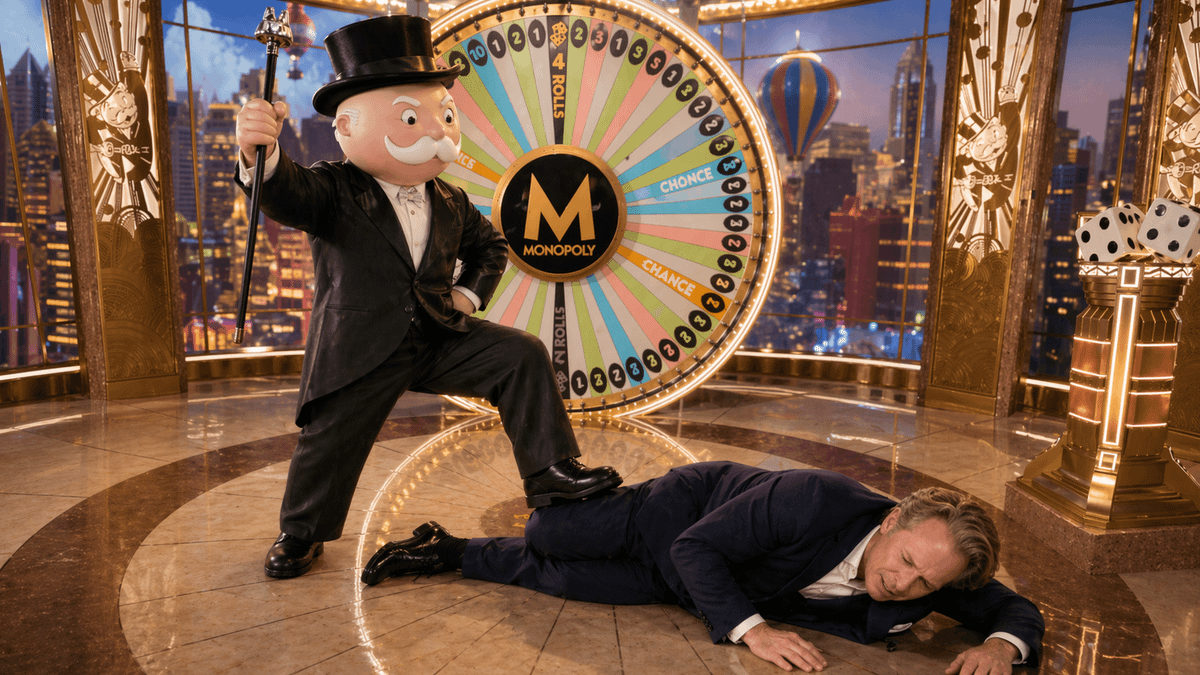 A Monopoly character steps on a fallen man in front of a casino roulette wheel bearing Evolution’s logo, suggesting the stock’s drop after its earnings report.