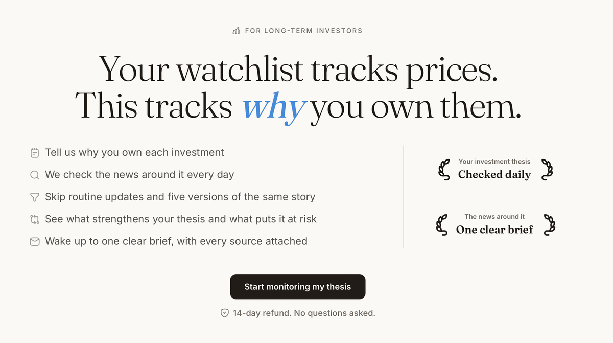 Diseño de una página para inversores a largo plazo, con dos titulares: “Your watchlist tracks prices” y “This tracks why you own them”; destaca el segundo con “why” en azul.
