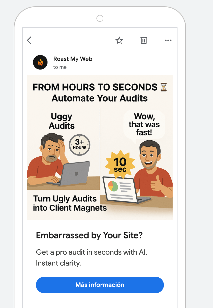 Captura de un correo promocional de Roast My Web: muestra una oferta de auditoría web automatizada en 10 segundos y el botón «Más información».