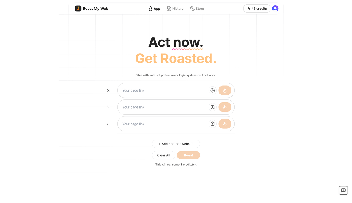 Captura de Roast My Web con el encabezado «Act now. Get Roasted.» y tres campos para introducir páginas web, mostrando que se pueden analizar varias a la vez.