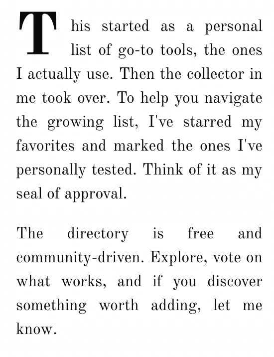 Screenshot of English text about Find My Moat: it began as a personal list of tools, highlights tested favorites, and describes the directory as free and community-driven.