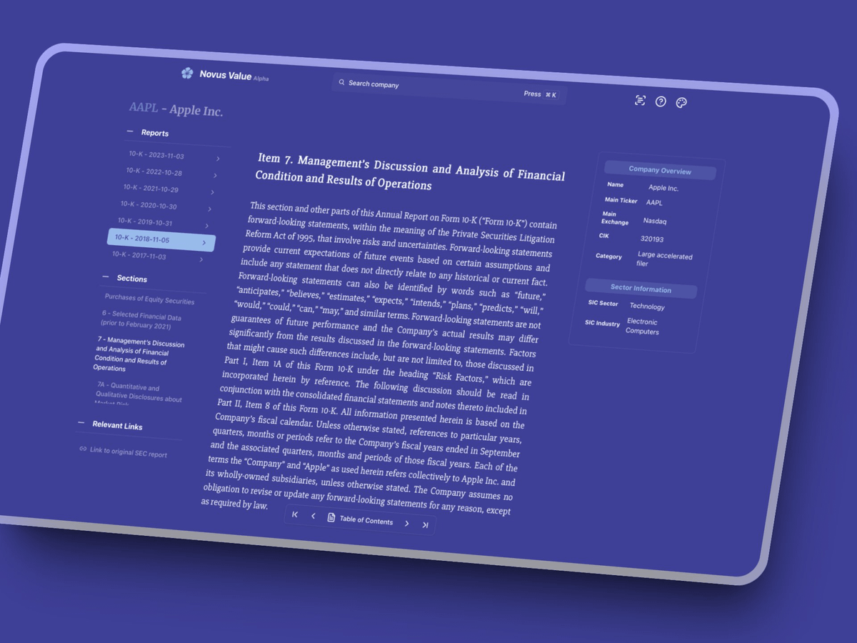 Captura de Novus Value Alpha, una herramienta de inversión que muestra el informe financiero de Apple y datos de la empresa en un panel lateral.