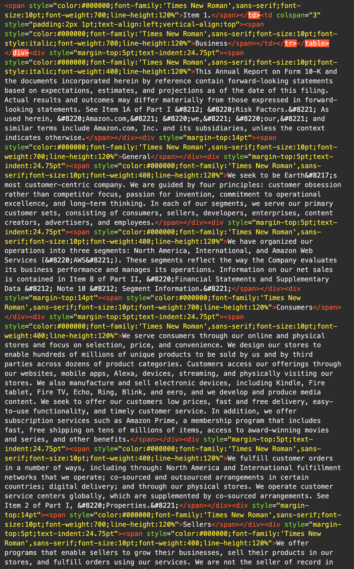 Captura oscura de código HTML con etiquetas de colores y texto de un informe anual de Amazon, incluida la sección «Business».