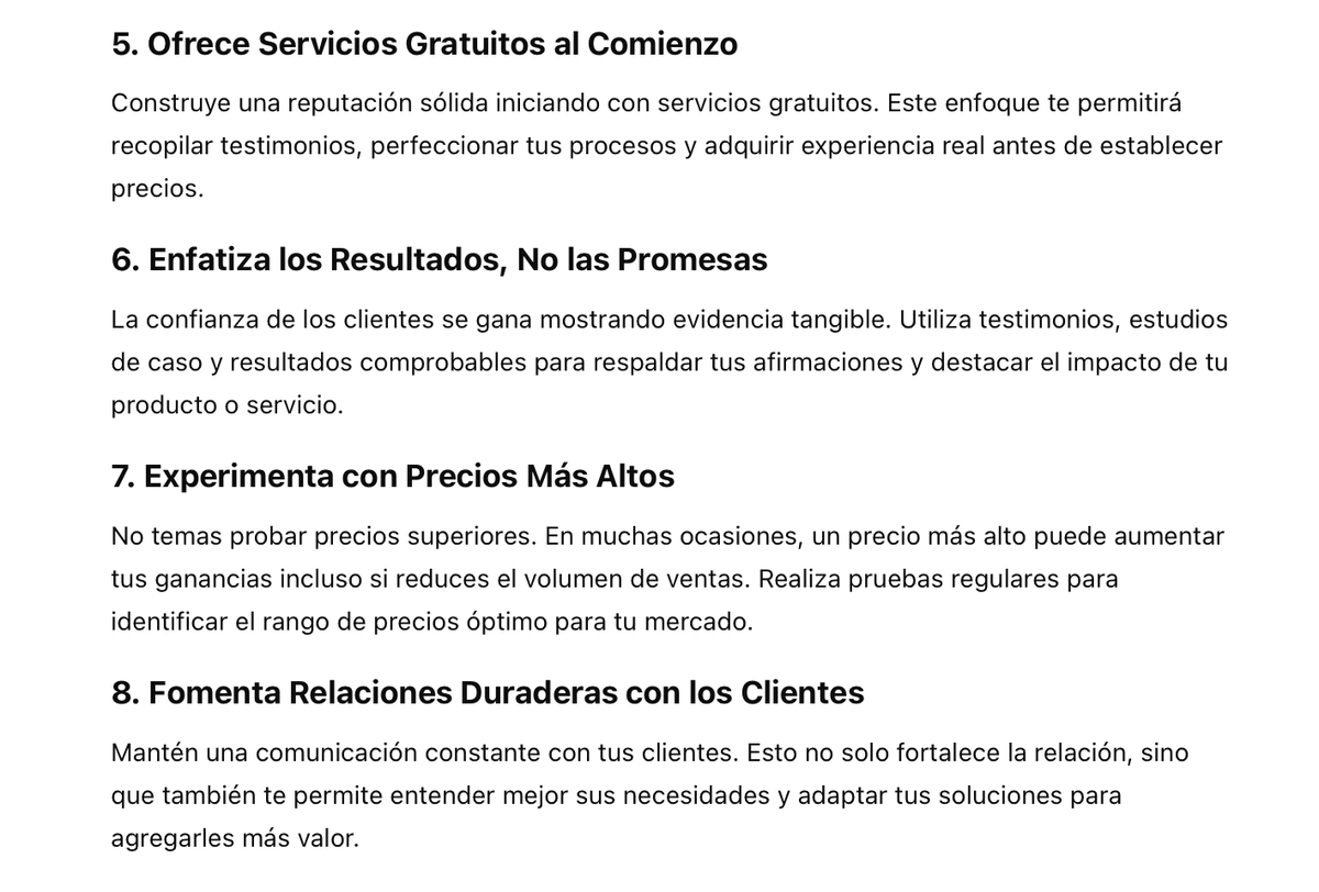Text screenshot showing tips 5–8 for increasing sales: offer free services initially, highlight results, test higher prices, and build lasting customer relationships.