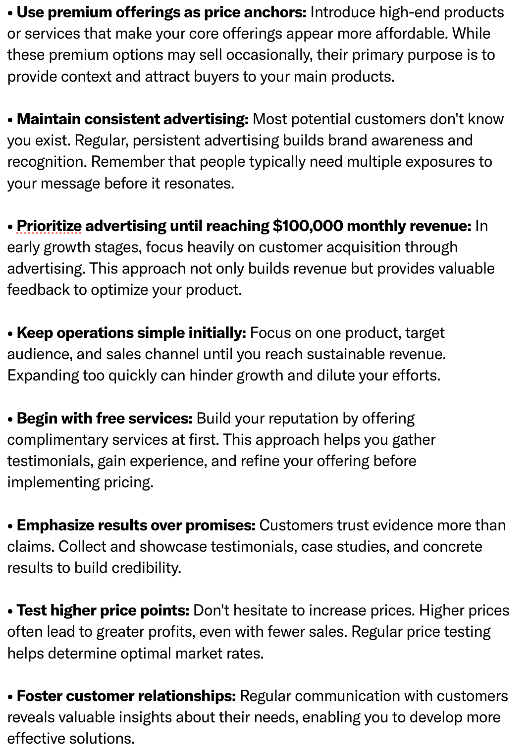 Screenshot of a list in English with seven tips for increasing sales, including using premium offers as price anchors, advertising consistently, keeping operations simple, and fostering customer relationships.