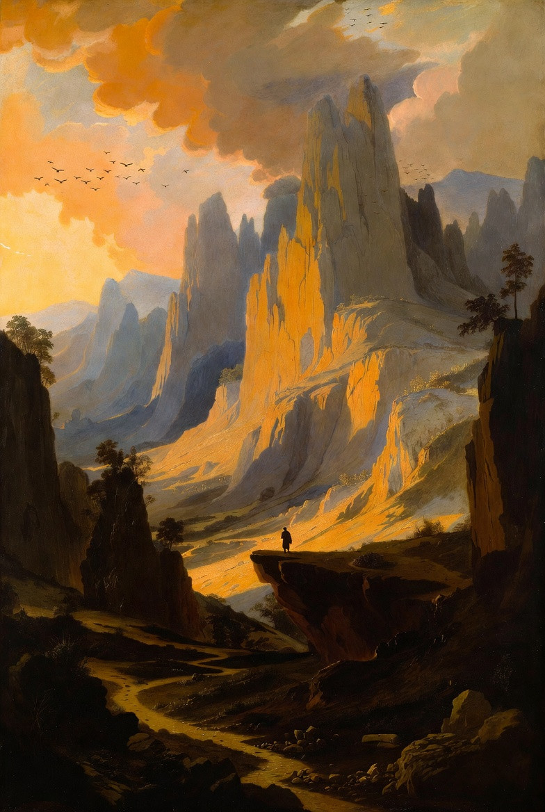 Illustration of a lone person at a cliff’s edge, looking across a vast mountain valley beneath an orange sky; it conveys a sense of facing immense possibilities.