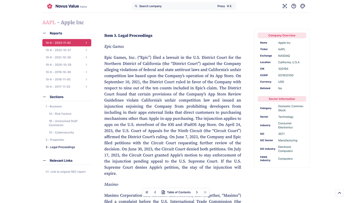 Novus Value Alpha screenshot showing an Apple 10-K report’s “Legal Proceedings” section, with text about Epic Games’ lawsuit and company details in a side panel.