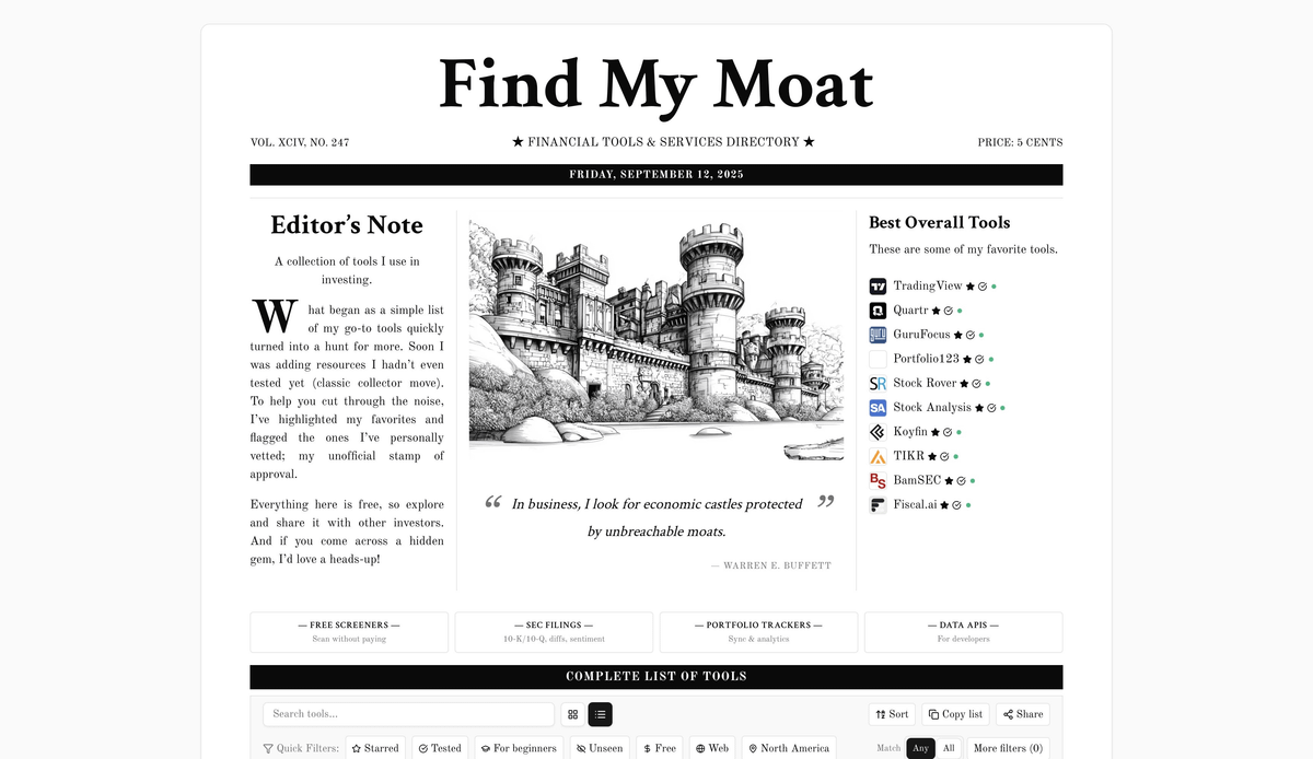 Screenshot of the Find My Moat landing page styled as a newspaper front page, featuring a castle illustration, a curated list of tools, and filters for browsing the directory.