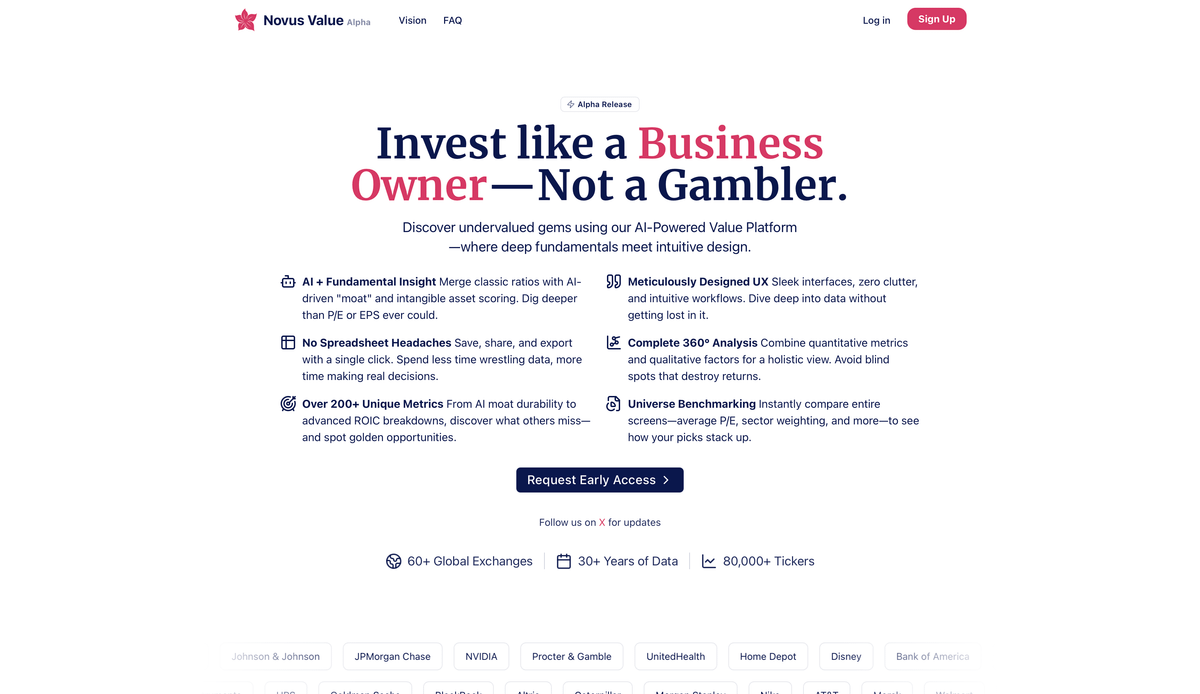 Screenshot of the Novus Value homepage, with a clean navy-and-pink design, a large headline about investing like an owner, and stock analysis features.