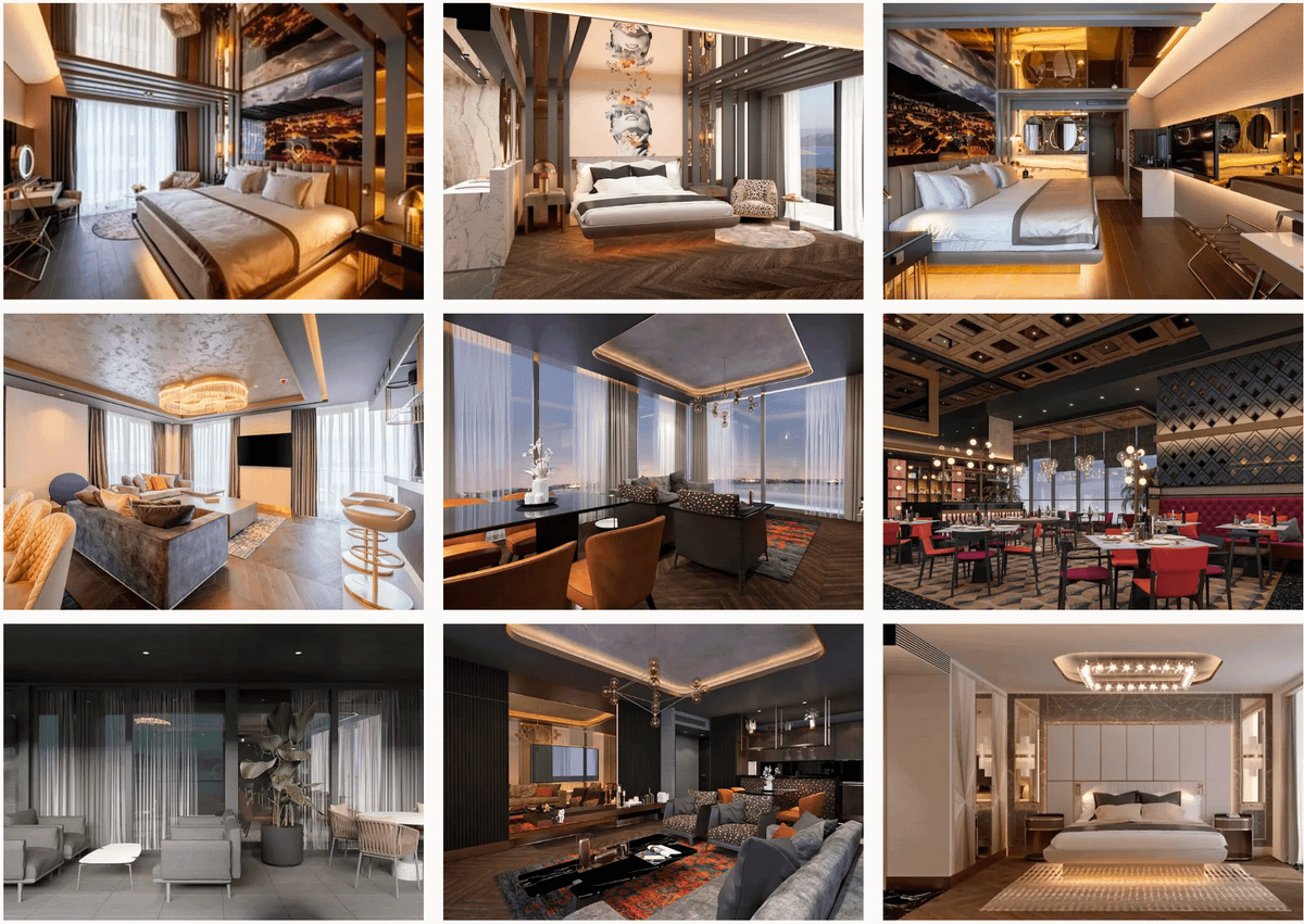 Collage de nueve interiores de hotel de lujo: habitaciones, salones y un restaurante, con diseños modernos y tonos cálidos.