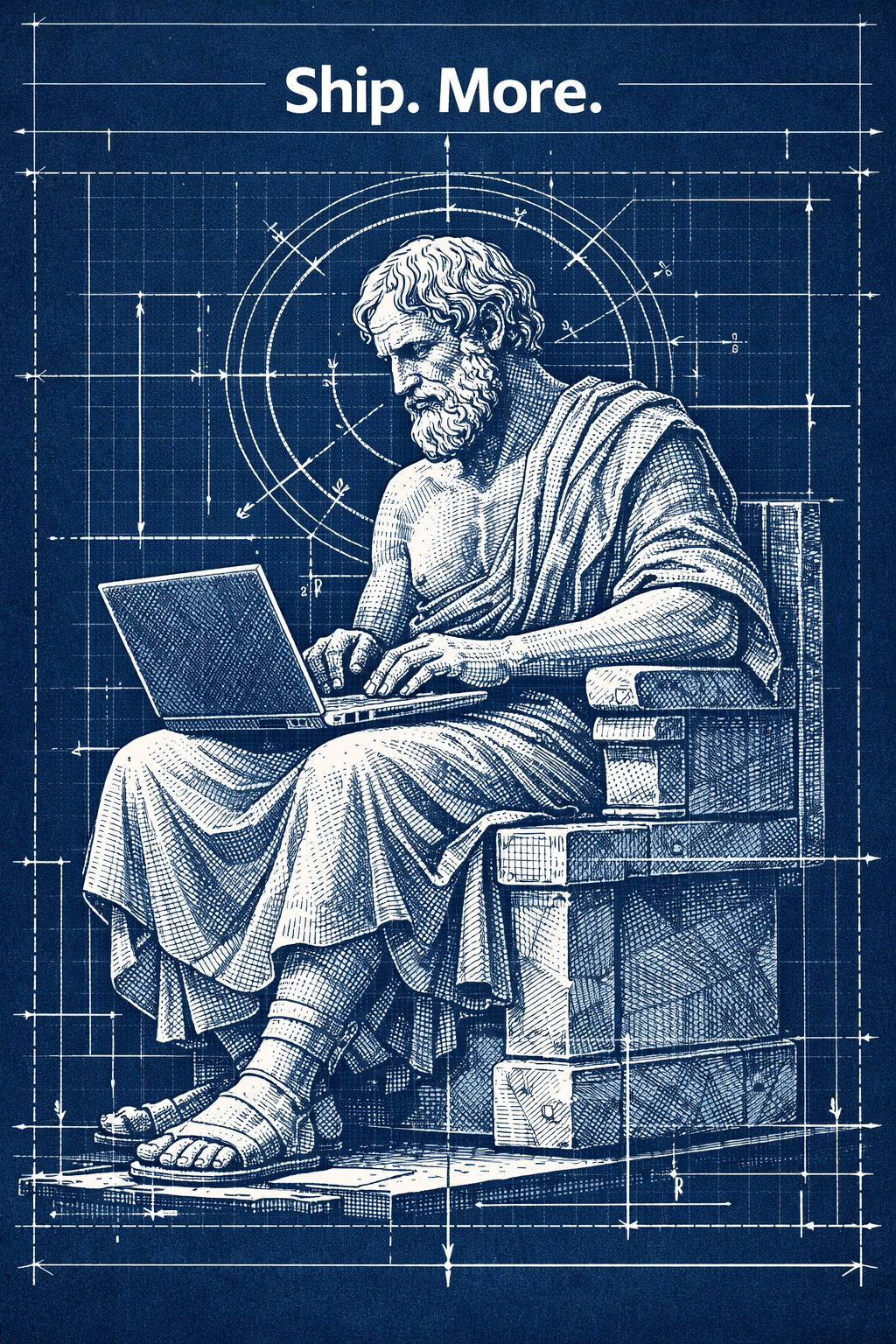 Blue-and-white illustration of a person working at multiple screens and a laptop, surrounded by technical design lines. The heading “Ship. More.” reinforces the idea of launching more projects.