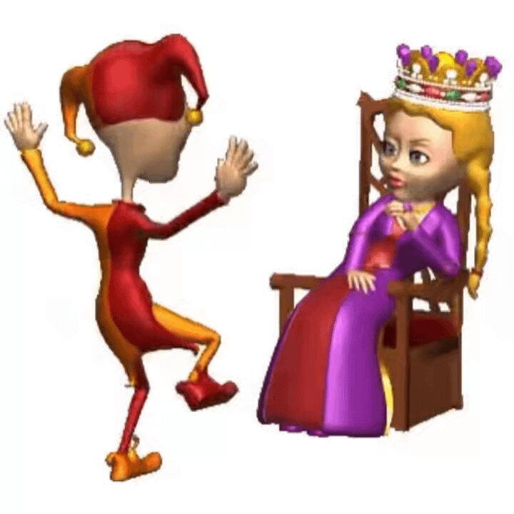 A jester raises his arms before a crowned woman seated on a throne.