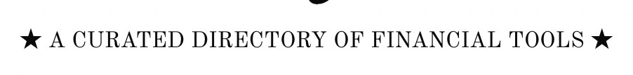 The landing page displays the headline “A curated directory of financial tools,” framed by black stars on a white background.