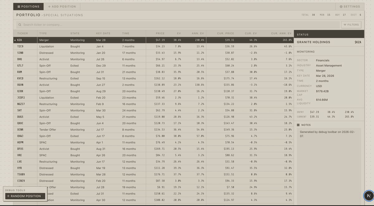 An investment tool with a retro-futuristic interface: a positions table fills the screen, with details for Granite Holdings displayed on the right.