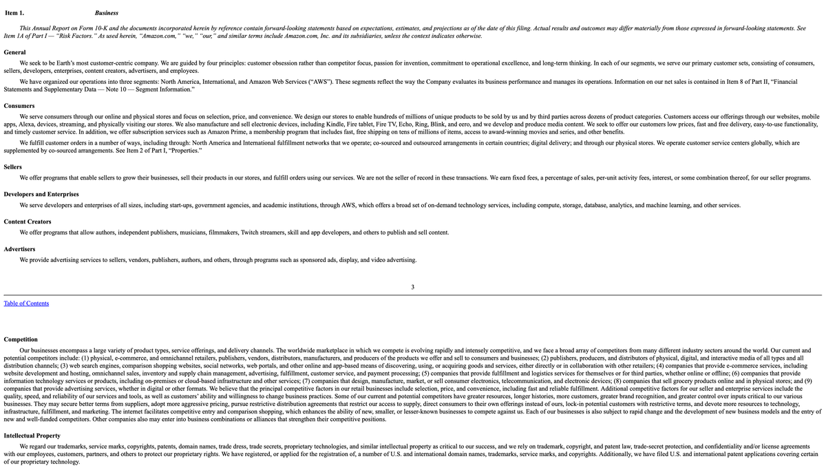 Página de un informe anual de Amazon con texto sobre su negocio, clientes, competencia y propiedad intelectual; representa lo que ve el ordenador.