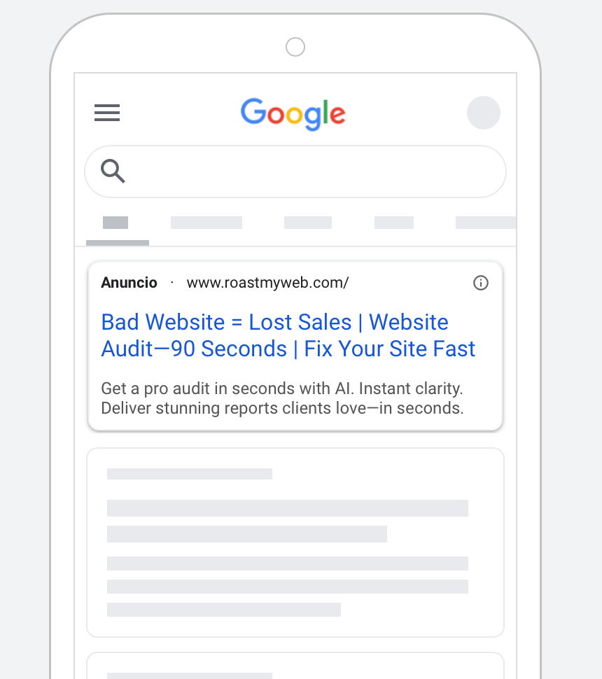 Ilustración de una búsqueda en Google con un anuncio de Roast My Web para auditar y mejorar sitios web. No aparecen métricas de Google Ads.