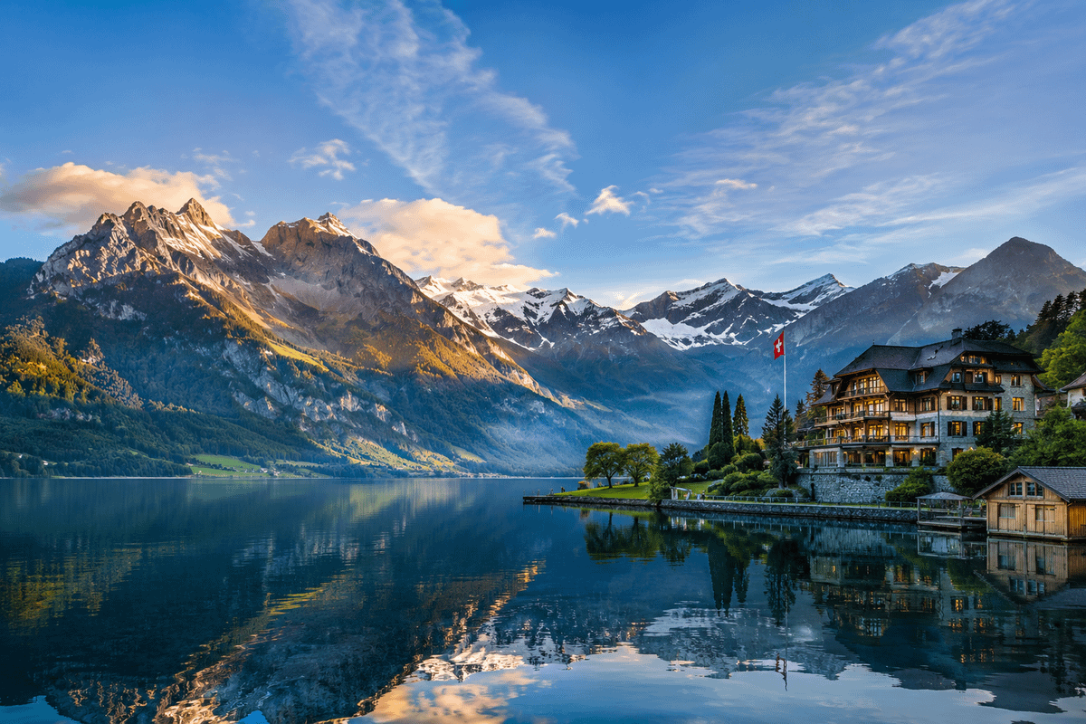 A Swiss alpine landscape with mountains reflected in a lake and houses along the shore, evoking the move to Switzerland described in the post.