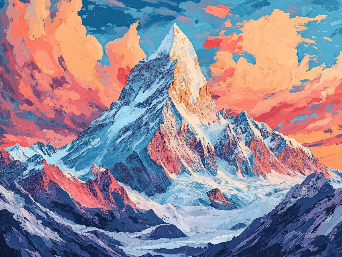 Stylized illustration of a towering snow-covered mountain beneath a coral-and-blue sky, evoking persistence and progress.