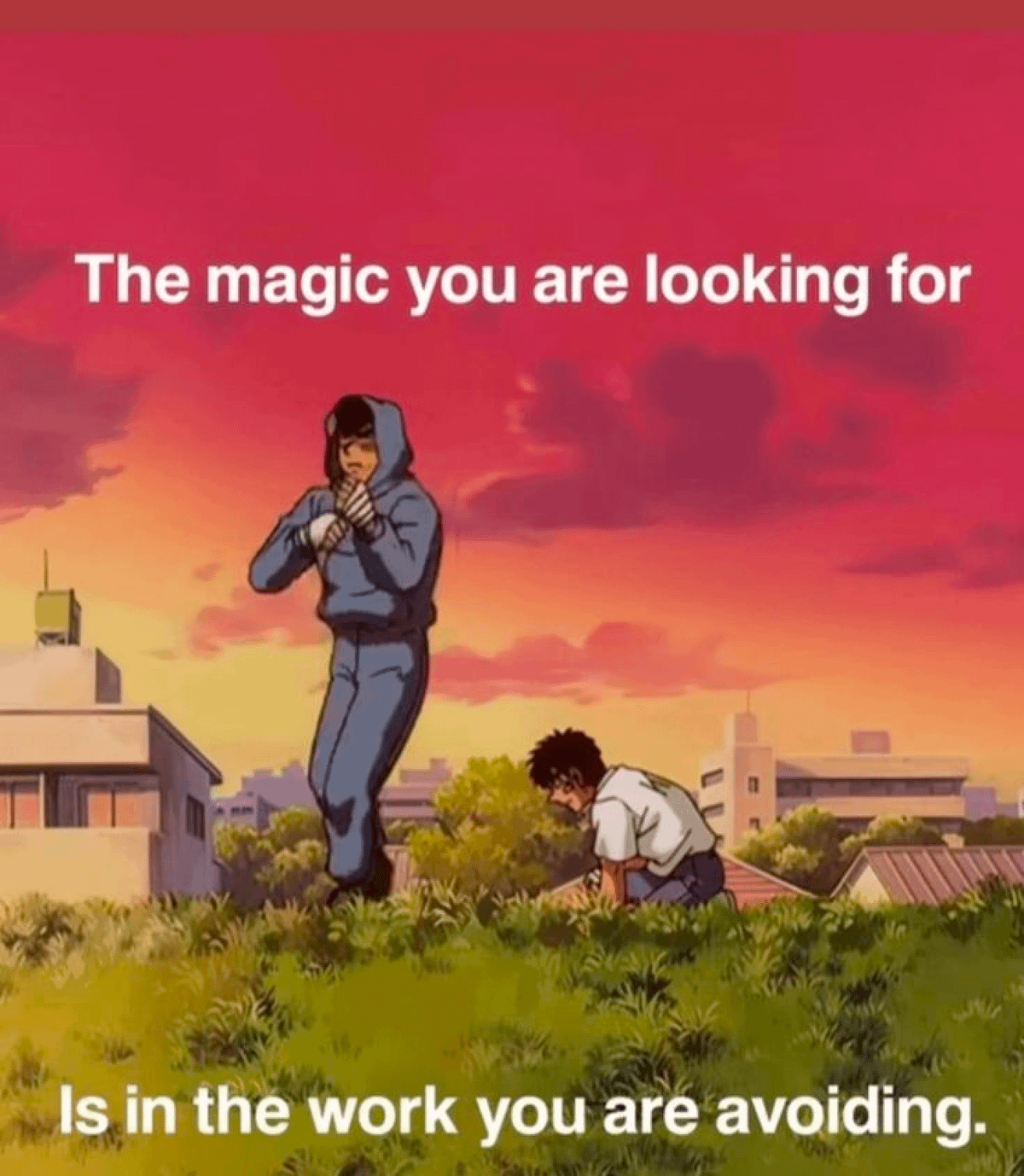 Sunset illustration of one person standing and lifting another from the ground. Text says achieving what you seek requires facing what you avoid.