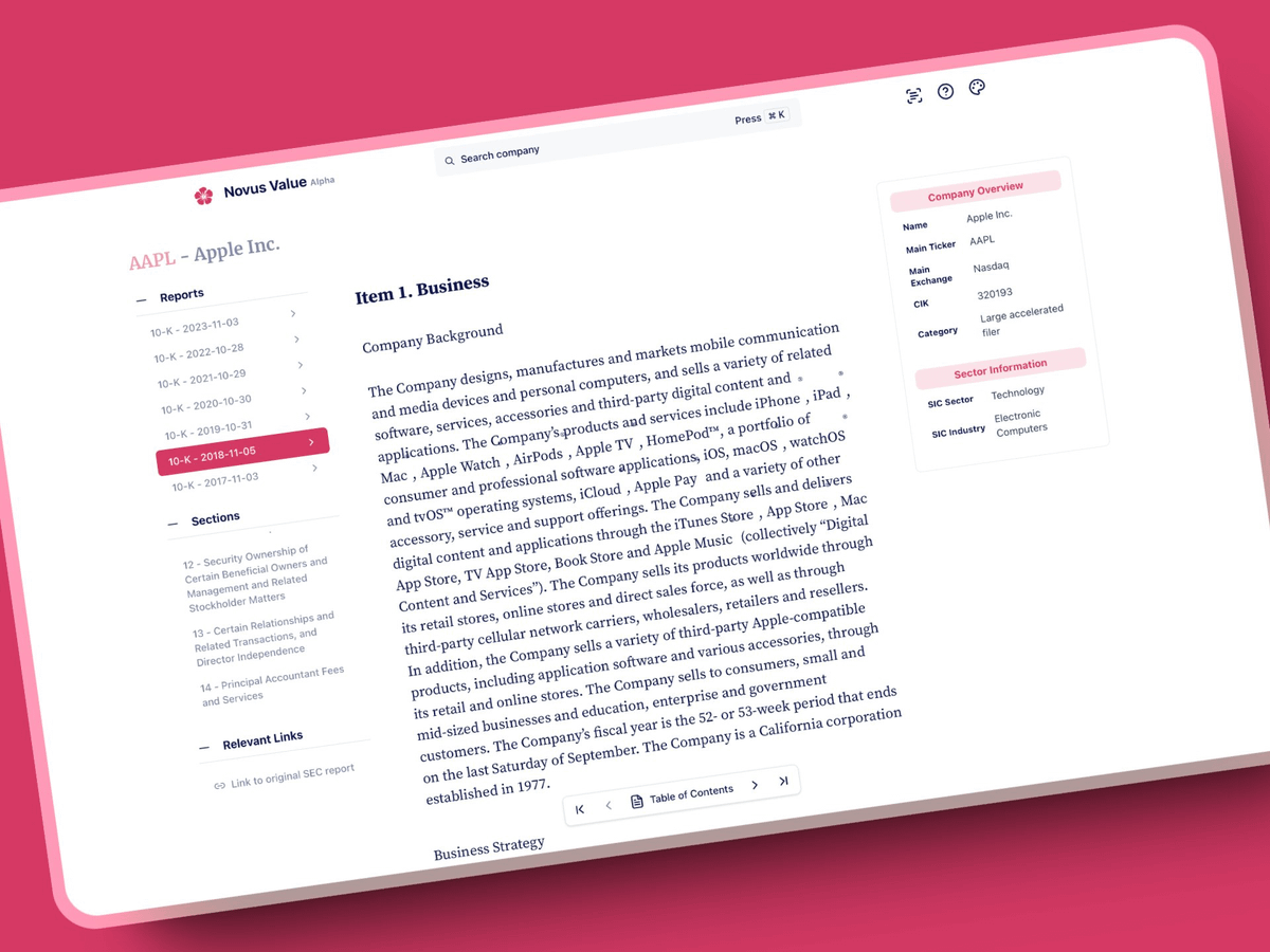 Captura inclinada de Novus Value Alpha, una herramienta para consultar informes empresariales; muestra el informe de Apple Inc. y sus secciones.