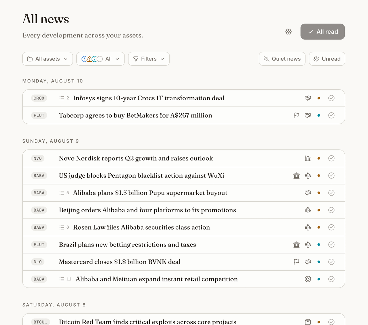Screenshot of an investment tracking tool showing company news grouped by date, with filters and indicators to help identify relevant events.