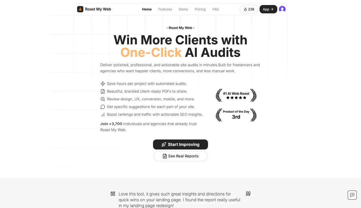 Screenshot of a clean, minimalist AI audit website highlighting fast audits, reports, and positive reviews.