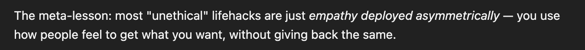Screenshot of a reflection stating that unethical life hacks exploit others’ feelings to get what you want without reciprocating.