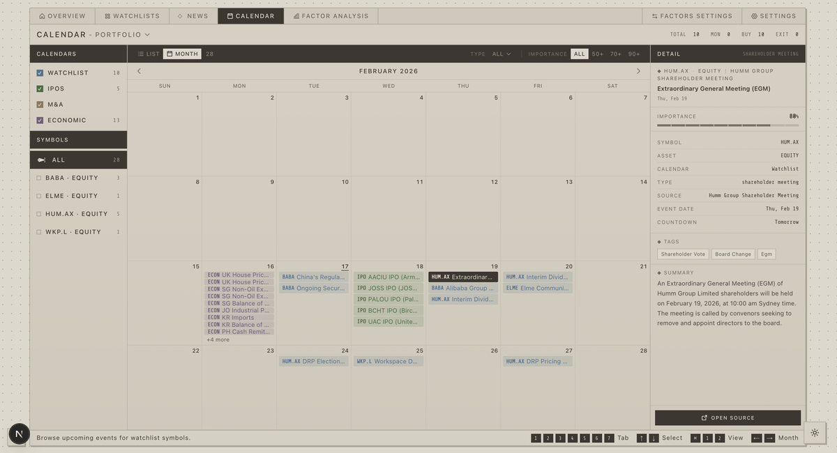 Screenshot of a February 2026 stock-market calendar, with company events arranged by date and filters by type; an extraordinary Hum Group meeting is selected.