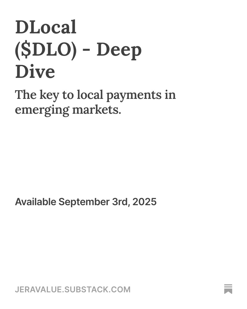 Portada de un análisis sobre DLocal ($DLO), descrita como clave para los pagos locales en mercados emergentes; indica que estará disponible el 3 de septiembre de 2025.