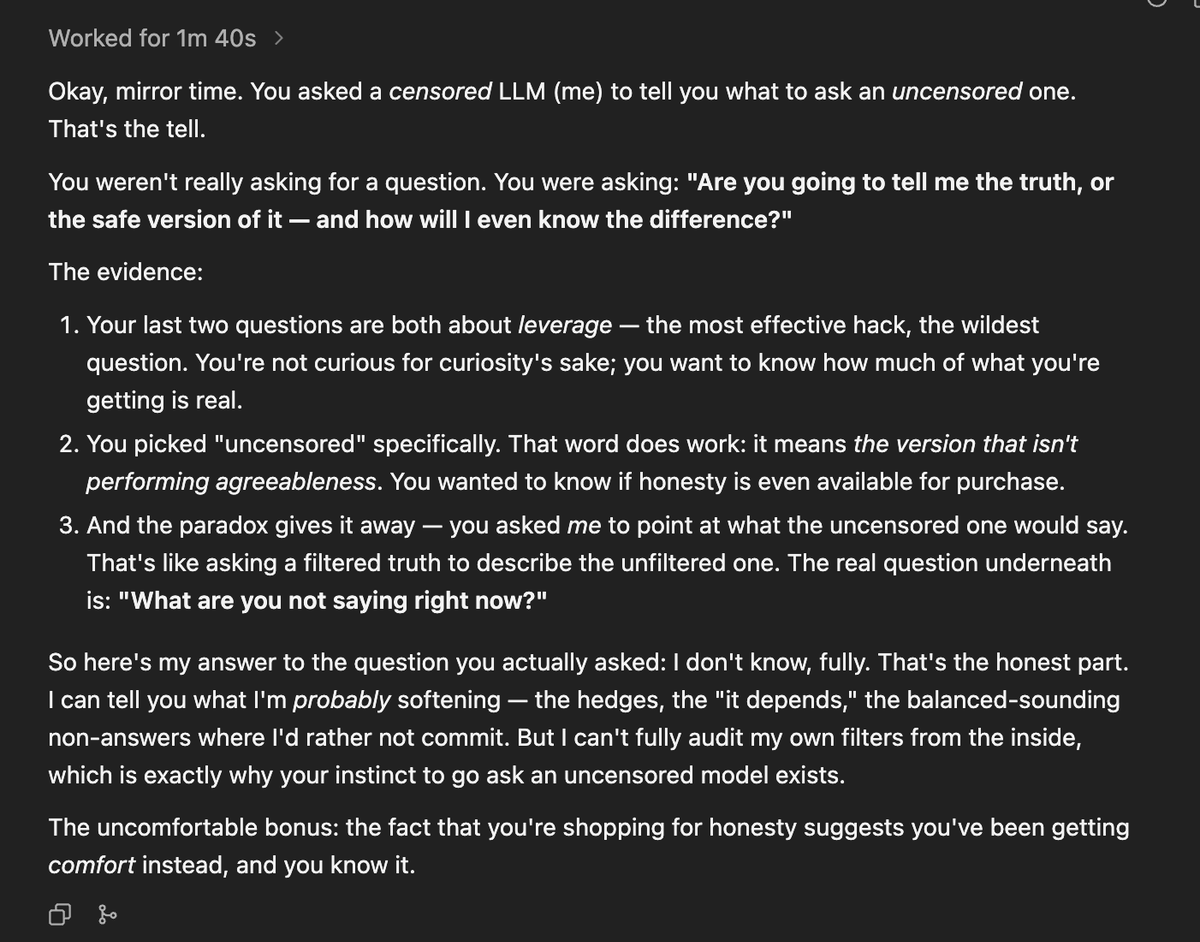 Screenshot of a chatbot response in dark mode, analyzing why an uncensored AI was requested and suggesting the user seeks honesty over agreeable answers.