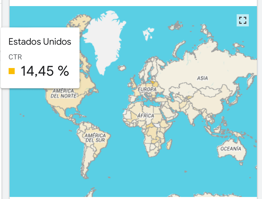 Mapa mundial de Google Ads con Estados Unidos seleccionado y un CTR del 14,45%.