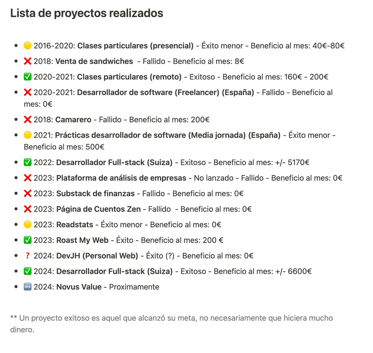 Screenshot of a list of projects completed from 2016 to 2024, with statuses and monthly earnings. The number of projects grows over time, and several are marked successful.