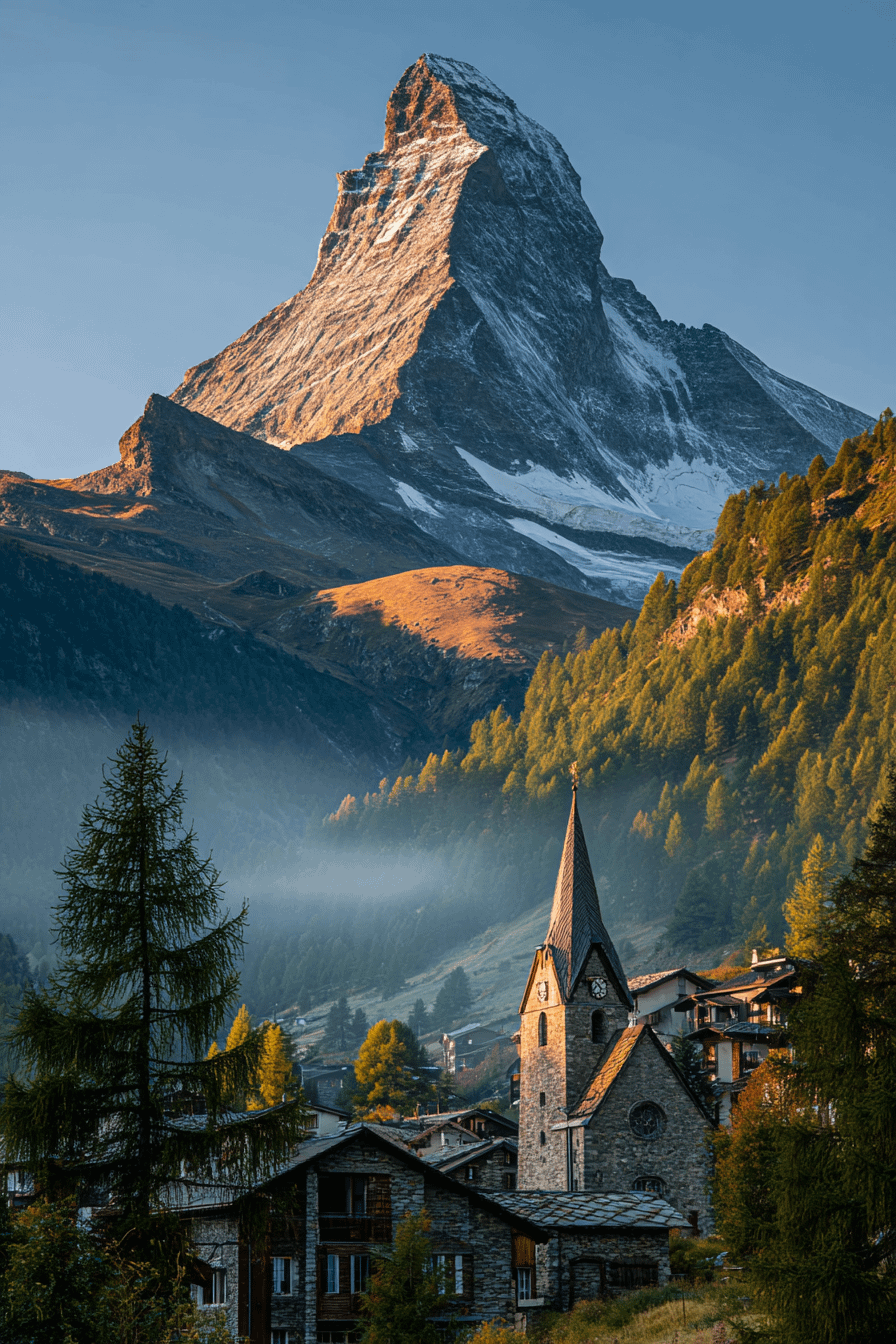 Photograph of a Swiss Alpine village at sunset, with a church among the houses and a towering peak lit in the background; it evokes the author’s move to Switzerland.