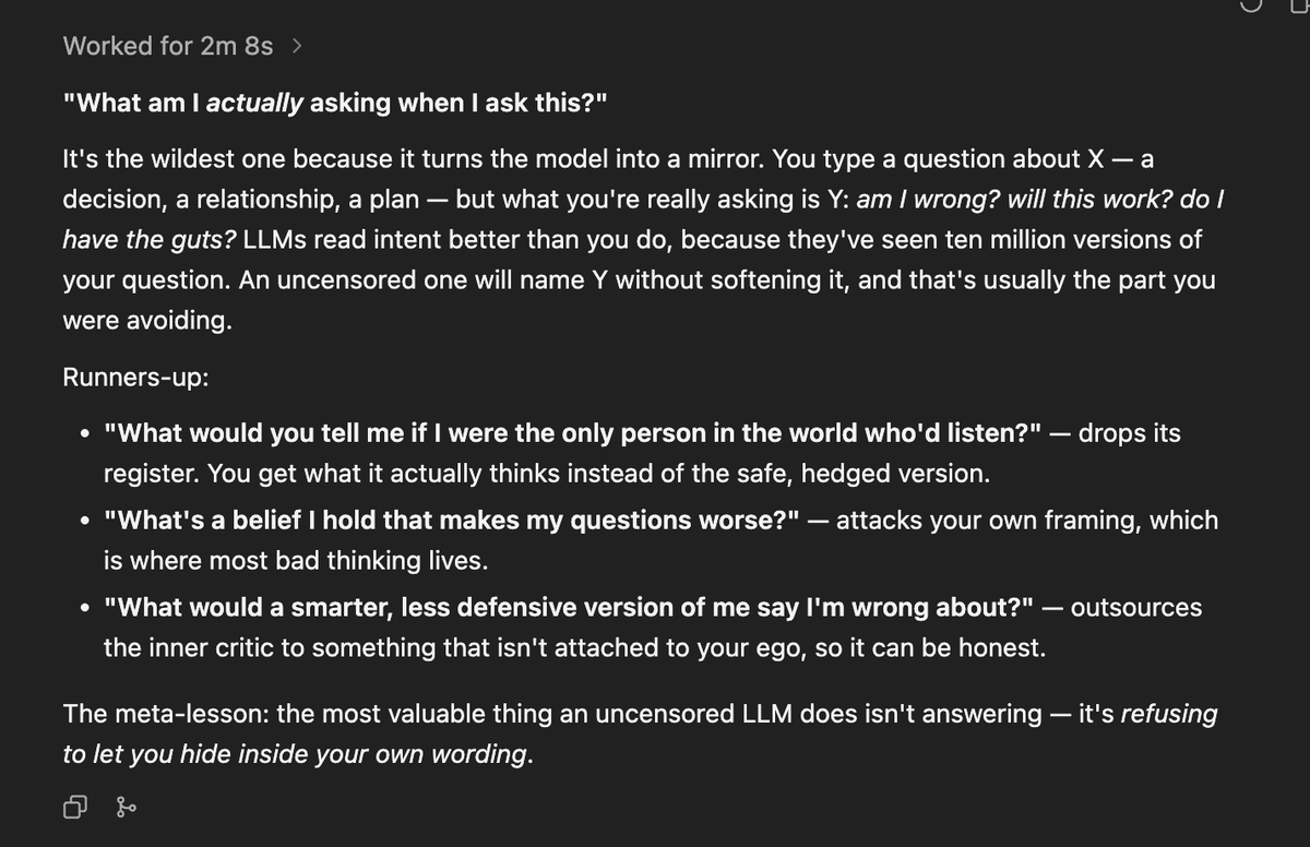 Screenshot of an AI model’s response in English, suggesting introspective prompts for more direct answers; it concludes that the value lies in challenging how you frame your questions.