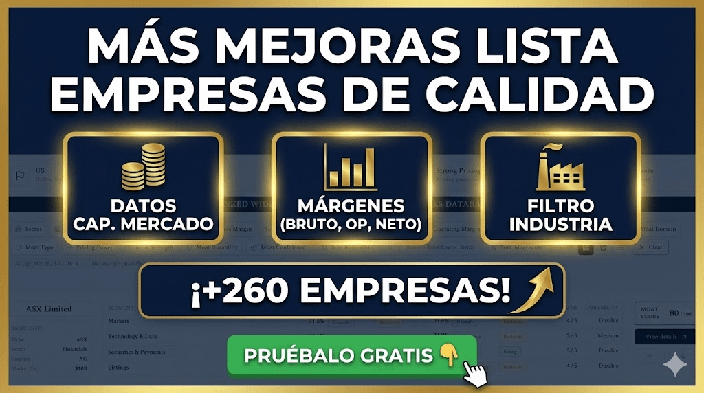 Gráfico promocional en español sobre una lista de empresas de calidad, con datos de capitalización, filtros de márgenes e industria, más de 260 empresas y acceso gratuito.