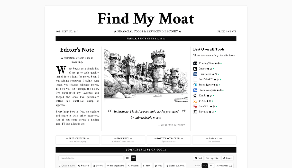 Screenshot of a website styled like an old newspaper, titled “Find My Moat,” with a castle illustration and a list of financial tools.