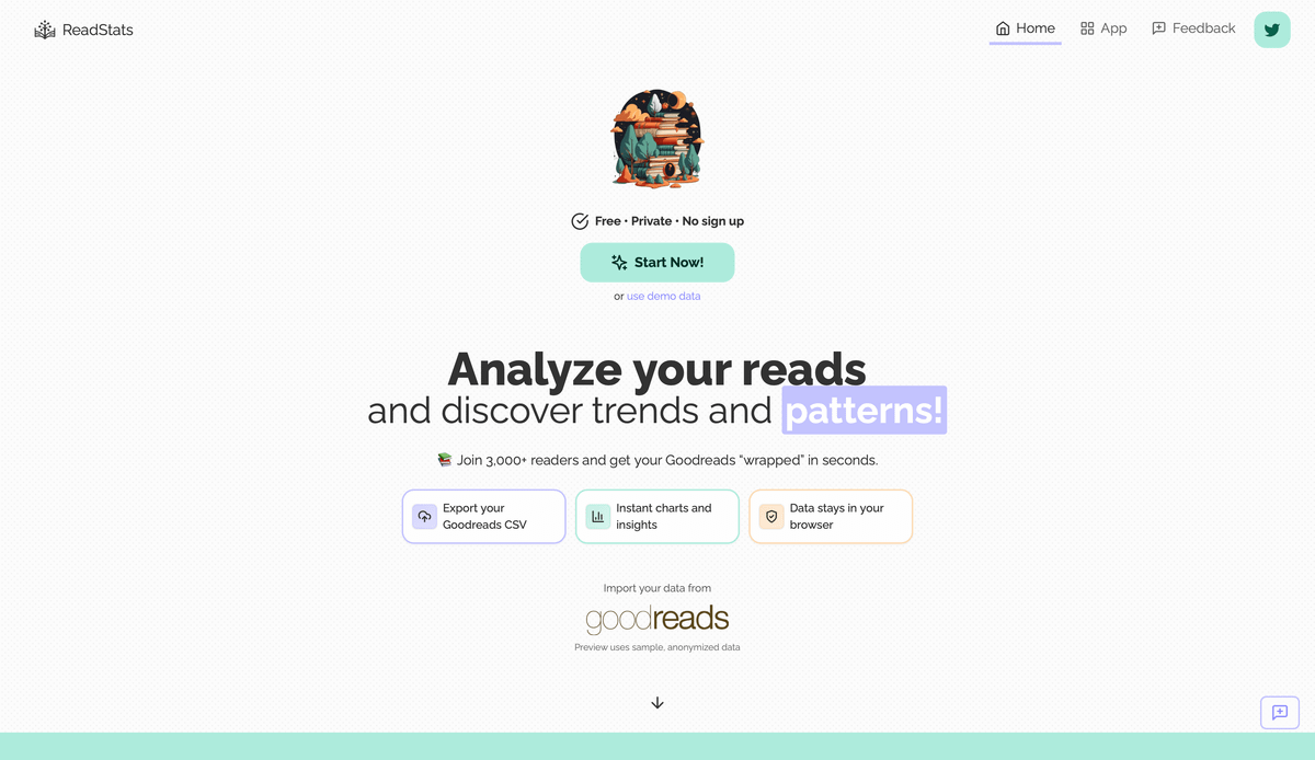 Screenshot of the ReadStats homepage, with a clean white-and-mint design inviting users to analyze their reading and discover trends.