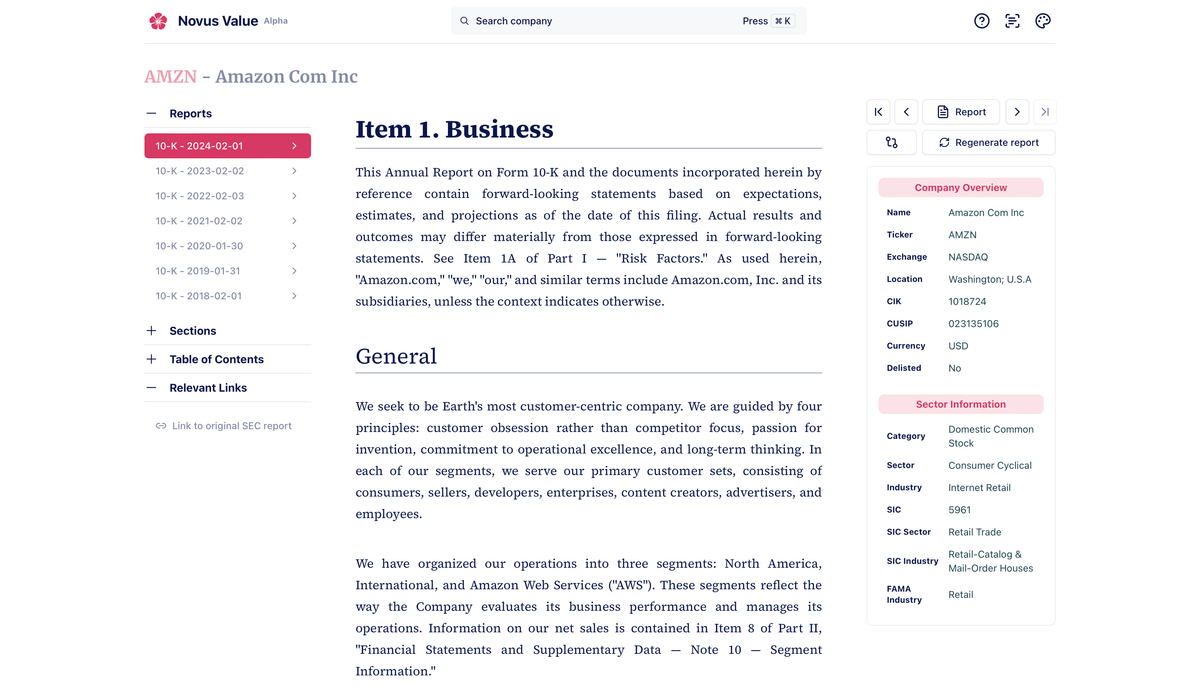 Captura de Novus Value con el informe 10-K de Amazon abierto, junto a datos de la empresa y del sector; muestra información financiera presentada de forma estructurada.