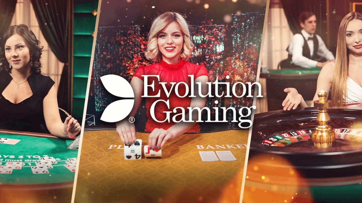 Promotional montage for Evolution Gaming, showing dealers at poker and roulette tables with the company logo prominently centered.