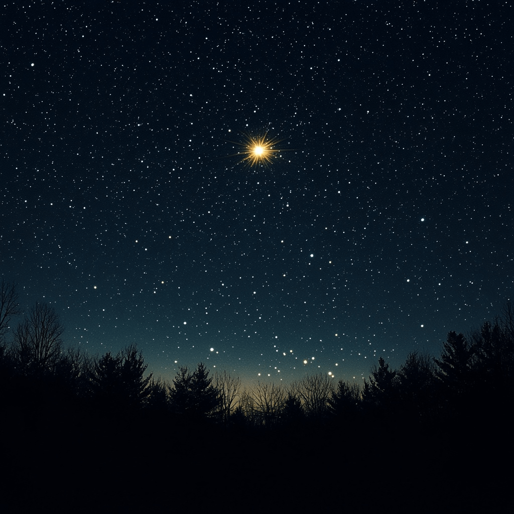 A star-filled night sky above silhouetted trees; a golden celestial body stands out with an intense glow at the center.