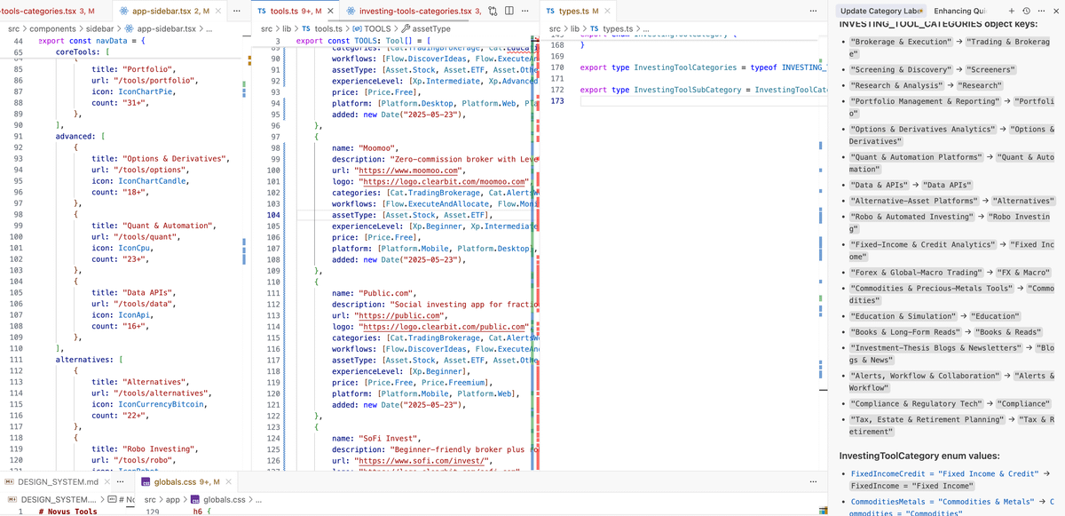 Captura de un editor de código con varios archivos abiertos y una lista de categorías de herramientas de inversión; muestra programación de un SaaS mientras se investiga una app financiera.