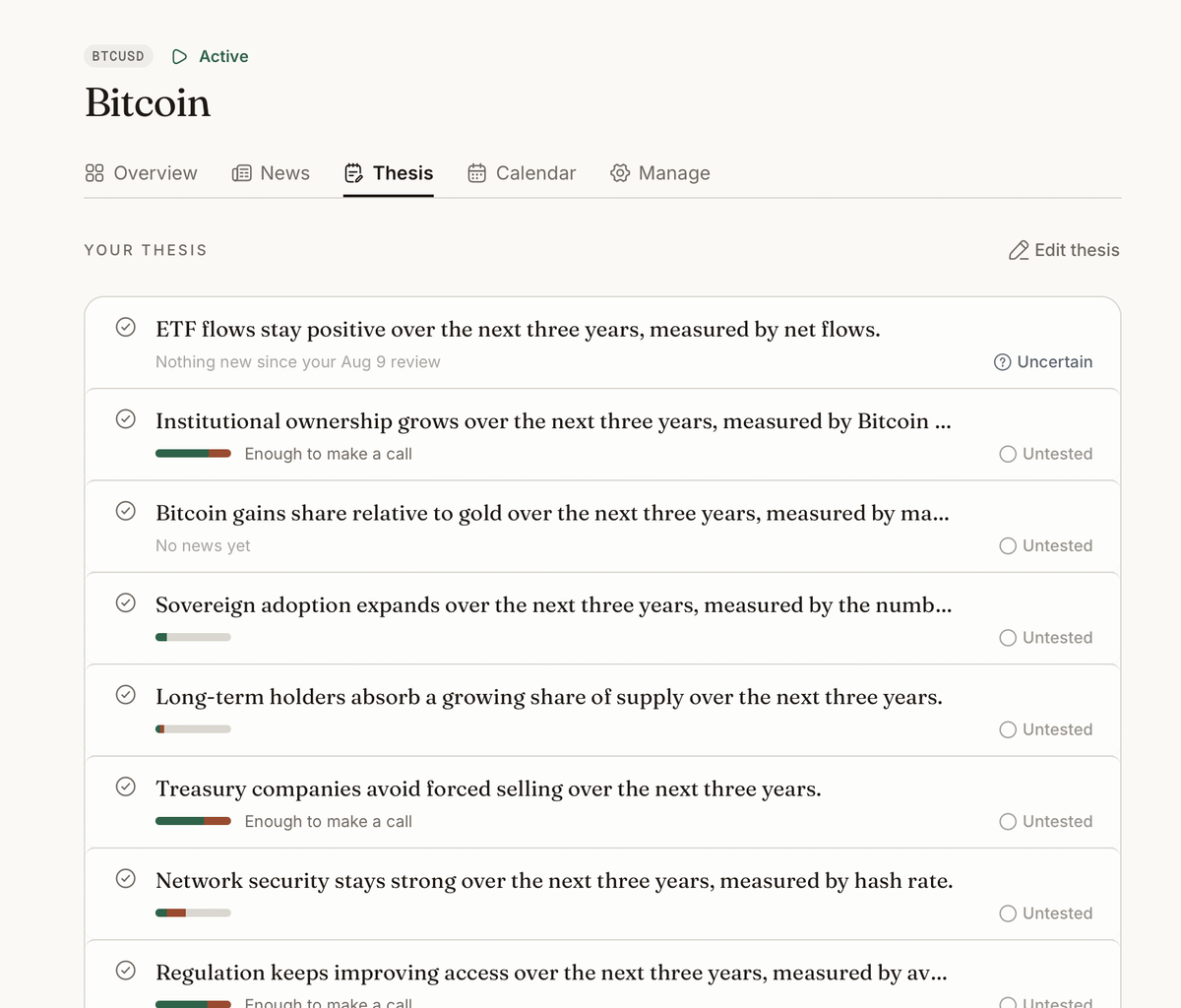 Screenshot of an investing tool’s “Thesis” tab for Bitcoin, listing investment theses and the status or accumulated evidence for each.