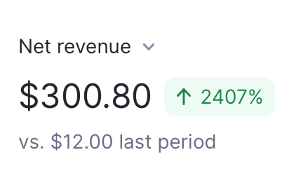 Net revenue dashboard showing $300.80, up 2407% from $12.00 in the previous period.