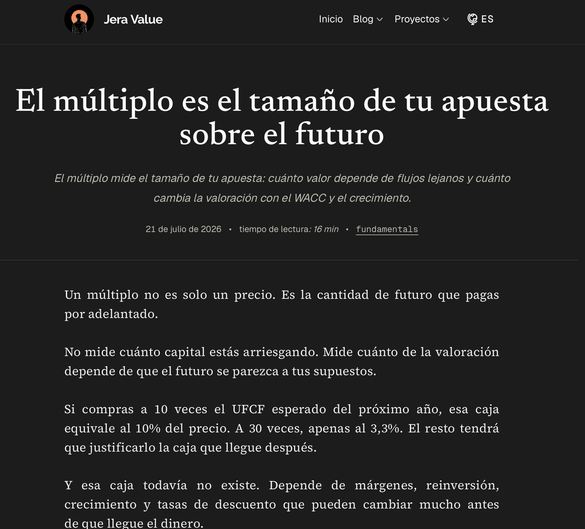 Screenshot of a Jera Value article titled “The multiple is the size of your bet on the future.” It explains that paying higher multiples means relying more on future cash flows and growth assumptions.