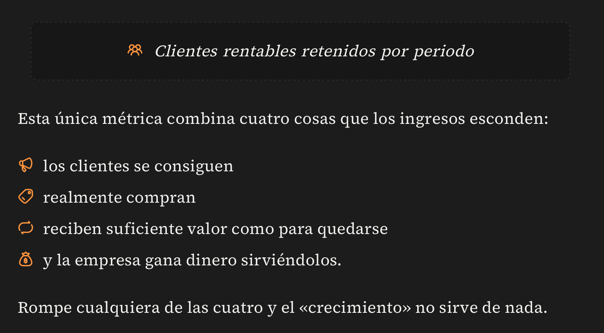 Dark business slide presenting “profitable customers retained per period” as a metric combining four factors: acquiring customers, making sales, delivering enough value, and earning a profit.