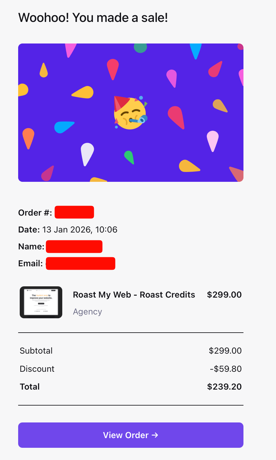 Screenshot of a Roast My Web purchase confirmation: the plan costs $299, and after a $59 discount, the total is $239.20.