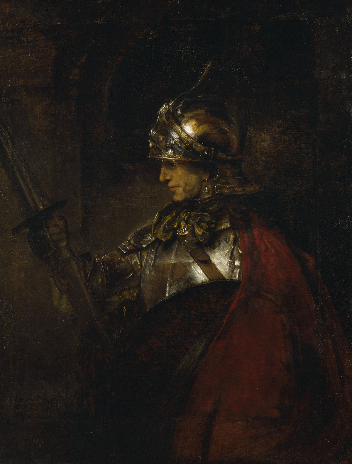 A dark painting of a man wearing a helmet and armor, holding a tool; he evokes a worker learning and progressing through effort.