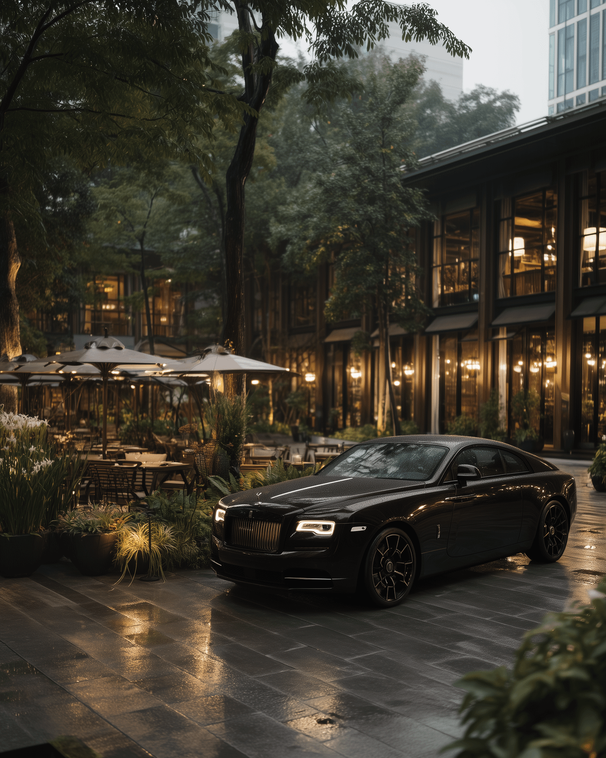 Un lujoso coche negro aparcado frente a un restaurante moderno e iluminado al anochecer, símbolo de éxito y retiro temprano.
